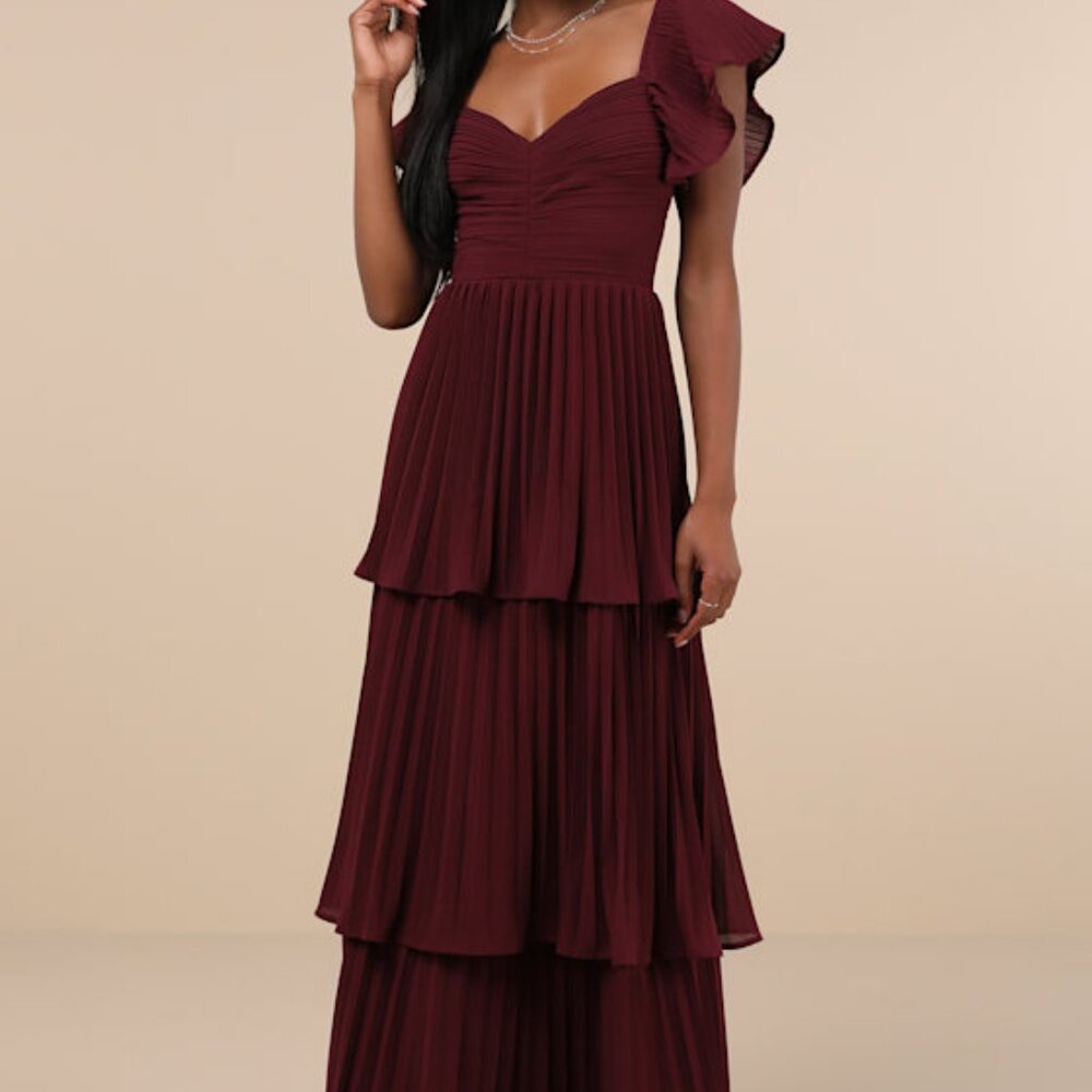 Lulus Notorious Charm Plum Purple Pleated Flutter Sleeve Maxi Dress - Size L